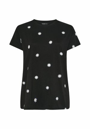 Zwart T-shirt met korte mouwen, bedekt met kleine witte madeliefjes en een ronde halslijn.