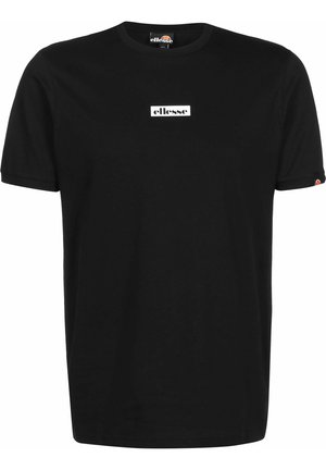 Schwarzes T-Shirt mit kurzen Ärmeln und weißem "ellesse"-Logo auf der Brust sowie kleinem ellesse-Symbol am Bündchen des linken Ärmels.