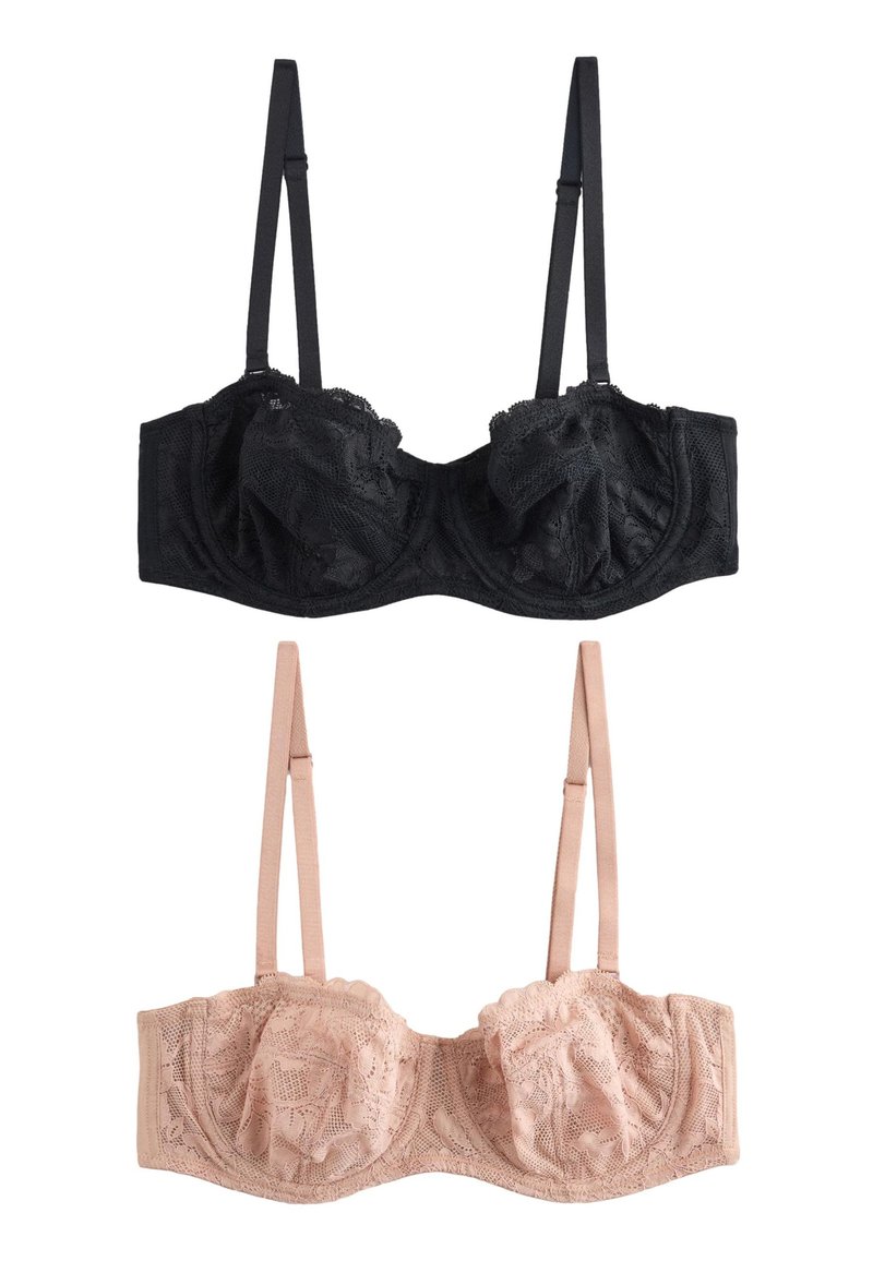 Dvije grudnjake: crni čipkasti s žicom i mašnama, te boje kože od čipke s cvjetnim uzorcima. Oba imaju podesive naramenice i strukturirani dizajn.