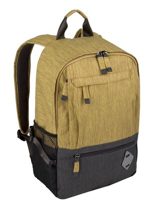 Un sac à dos jaune et gris avec une finition texturée, comportant une poche avant, des fermetures éclair doubles et une poche latérale en maille pour bouteille d'eau.