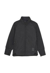 Svart jacka med hög krage, framdragkedja och långa ärmar. Har diamantmönster och elastiska muddar. Tillverkad av mjukt, strukturerat material.