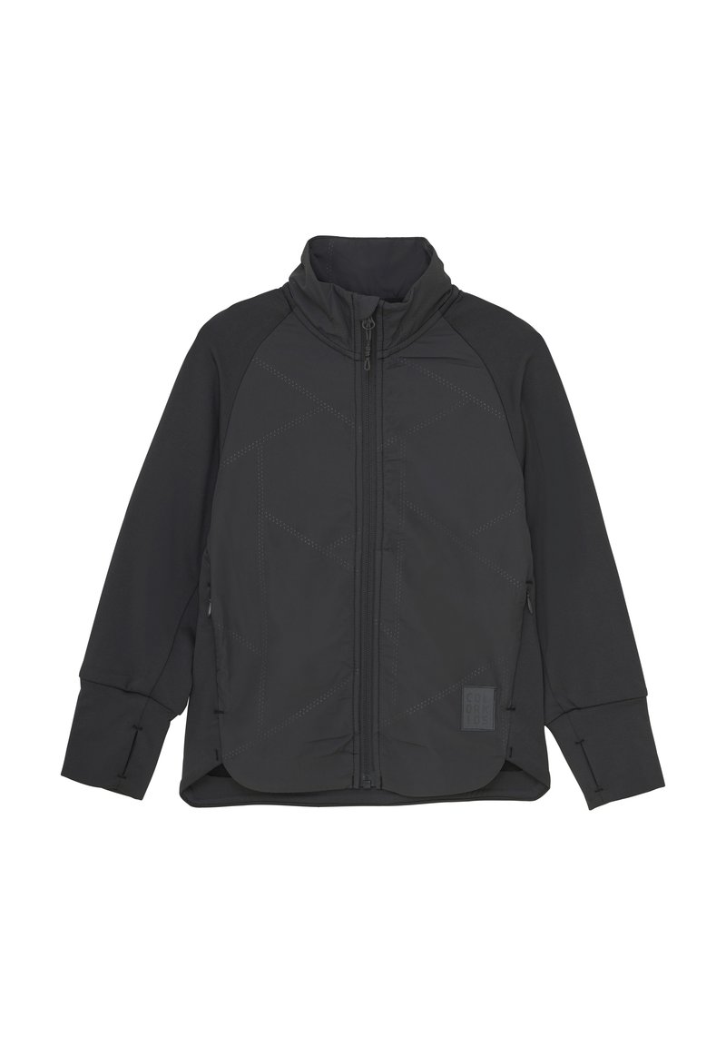 Svart jacka med hög krage, framdragkedja och långa ärmar. Har diamantmönster och elastiska muddar. Tillverkad av mjukt, strukturerat material.