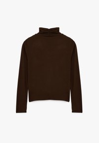 Top marrón de manga larga y cuello alto que presenta un escote fruncido, textura suave y un diseño corto y ajustado.
