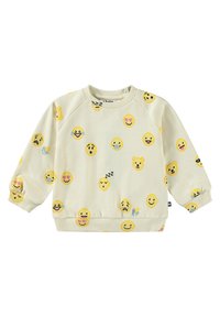 Felpa gialla chiaro con motivi emoji, caratterizzata da forme rotonde, polsini e scollatura a coste. Materiale morbido e vestibilità comoda.