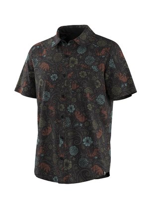 Zwart overhemd met korte mouwen en knopen, versierd met kleurrijke bloemen- en dierenpatronen in blauw-, groen- en oranje tinten.