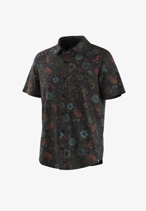 Camicia nera a maniche corte con bottoni, decorata con motivi floreali e animali colorati in tonalità di blu, verde e arancione.