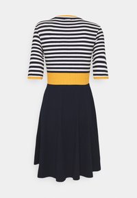 Neulemekko, jossa on tummansininen alaosa, valkoisia ja tummansinisiä raidoituksia ylhäällä sekä ribbitekniikalla tehty keltainen vyötärö. Lyhyet hihat ja pyöreä pääntie.