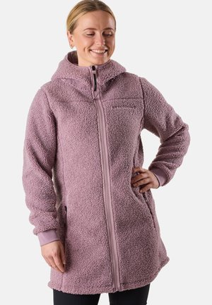 Fleece jacket in light purple with a zip closure, high collar, and side pockets; textured, soft material with fitted cuffs.