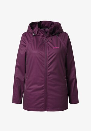 Lila, wasserdichte Jacke mit Kapuze, Reißverschluss vorne, zwei seitlichen Taschen und einem logo, das prominent auf der Brust angebracht ist. Glatte Textur.