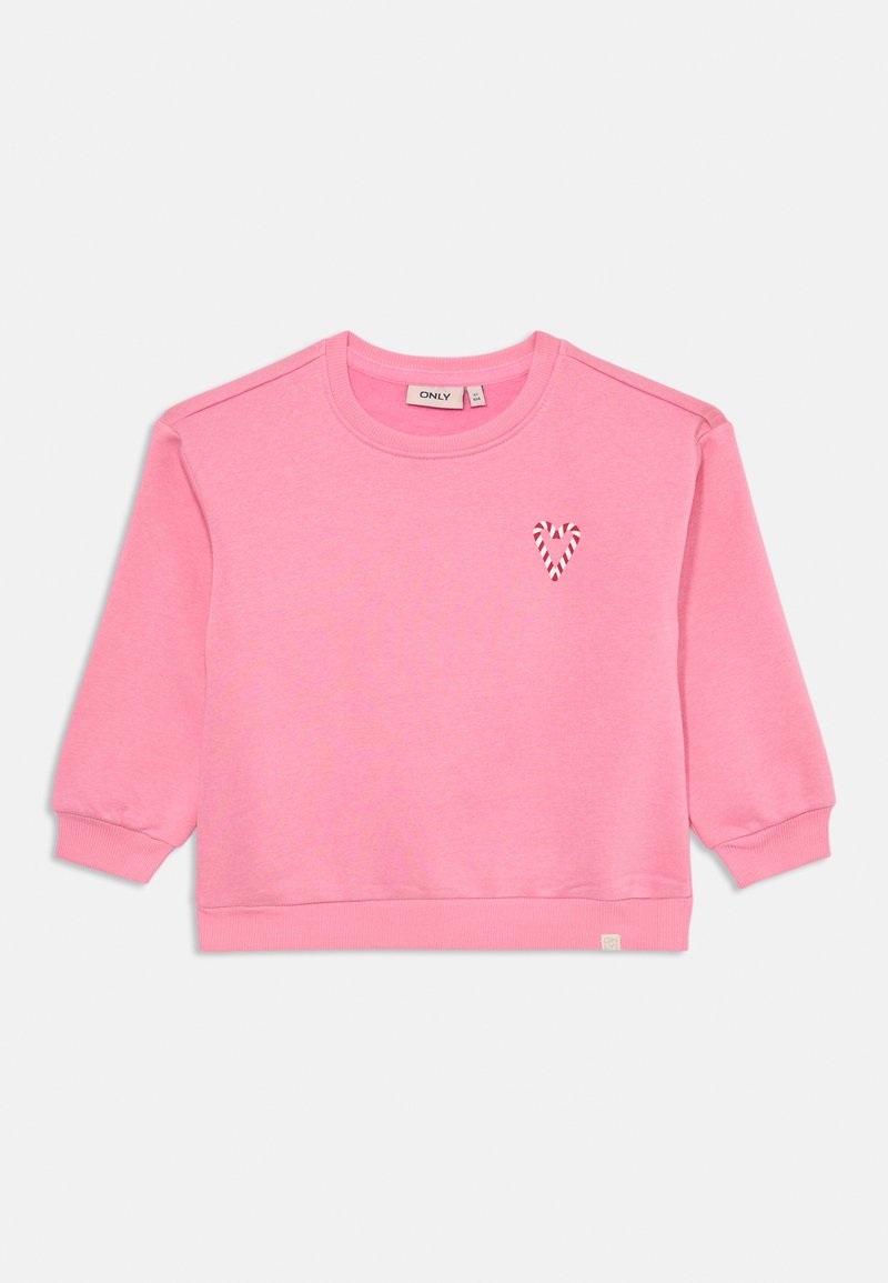 Rozā džemperis, kas izgatavots no mīksta auduma, ar ribotu piedurkni un apakšmalu, uz krūšu daļas ir neliela konfekšu svītru sirds grafika.