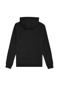 Felpa nera con cappuccio regolabile, maniche lunghe e polsini e orlo a costine. Texture liscia con un colore uniforme e senza design visibile.