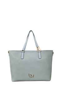 Borsa a tracolla in pelle azzurro chiaro con superficie texture, dettagli in metallo dorato, manici doppi e logo sulla parte anteriore.