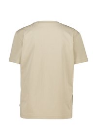 Beige short-sleeve t-shirt made of soft cotton with a crew neck, featuring a straight cut and a side hem opening. No visible patterns or graphics.