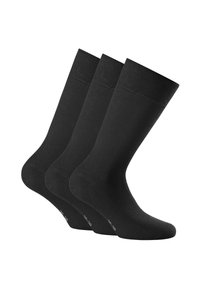 Calcetines de algodón negros en un paquete de tres. Características de puño acanalado, textura suave y puntera reforzada. Diseño clásico, hasta la rodilla.