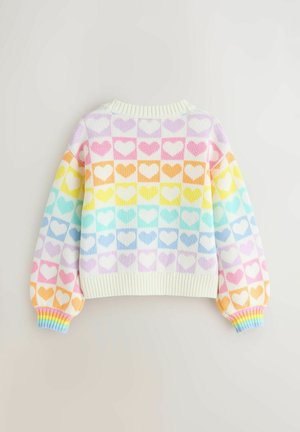 Pulover tricotat în culori pastelate cu model de inimioare în pătrate; manșete cu model tip reţea și accent curcubeu; decolteu rotund, textură moale.