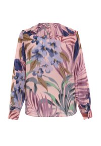 Blouse à manches longues en rose pastel avec un motif floral en violet et vert. Présente un col à volants et des poignets boutonnés sur les manches.