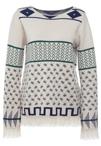 Pull en maille crème avec des motifs géométriques en vert et bleu marine. Présente une frange à l'ourlet et un col rond plongeant.