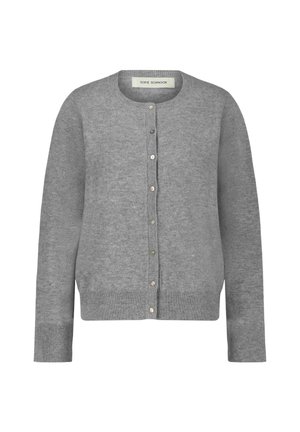 Szary sweter z dzianiny z okrągłym dekoltem, zapięciem na guziki z przodu oraz ściągaczami przy mankietach i na dole. Guziki mają subtelną poświatę i różne kolory.