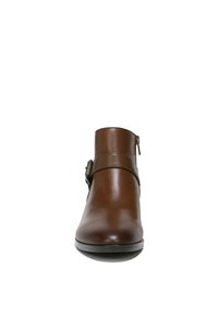 Brown leather ankle boot with a rounded toe, a side zipper, and a decorative strap with a metal buckle. Smooth texture and subtle shine.