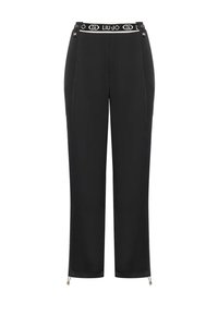 Pantaloni neri con una cintura elasticizzata caratterizzata da un logo bianco. Tessuto morbido, design a gamba dritta e cerniere laterali all'orlo.