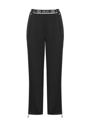 Pantaloni neri con una cintura elasticizzata caratterizzata da un logo bianco. Tessuto morbido, design a gamba dritta e cerniere laterali all'orlo.