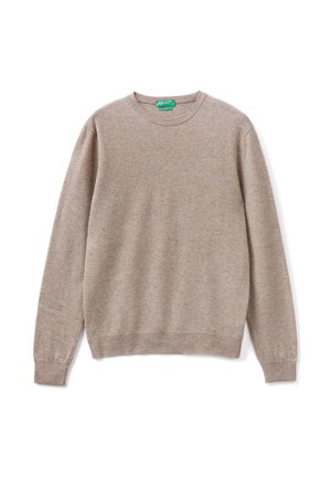 Maglione beige lavorato a maglia con maniche lunghe, collo rotondo e polsini e orlo a coste. Tessuto morbido e testurizzato con un design semplice, senza motivi o dettagli.