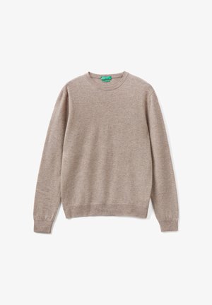 Maglione beige lavorato a maglia con maniche lunghe, collo rotondo e polsini e orlo a coste. Tessuto morbido e testurizzato con un design semplice, senza motivi o dettagli.