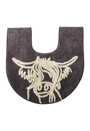 Dark gray U-shaped toilet mat with a cream-colored outline of a highland cow's face and long horns in the center.