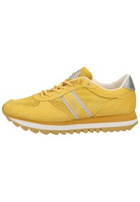 Yellow mesh sneaker with silver accents, textured fabric, round toe, and ridged sole. Features lightweight design and lace-up closure.