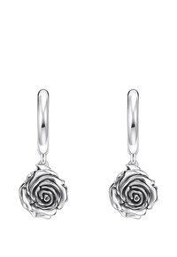 Silberne Ohrhänger in Rosengestalt mit glänzender Oberfläche, die ein geschwungenes Ringdesign und filigrane Details auf den Rosenblättern aufweisen.