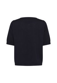 Korte mouw, donkerblauw gebreid topje met een ronde halslijn en een relaxte pasvorm. Zachte textuur, effen kleur en geen zichtbare patronen of accenten.