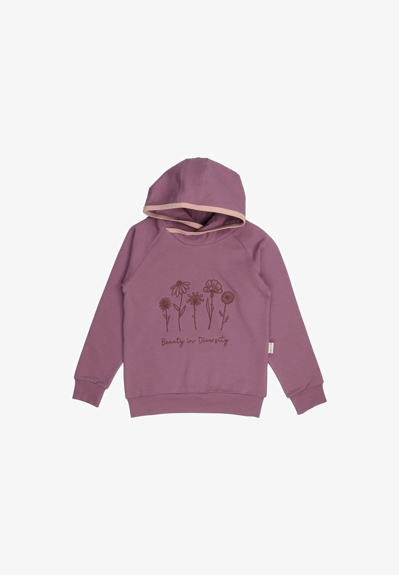 Pink hoodie with a front pocket and beige accents. Features a floral design and the text "Beauty in Diversity" in brown. Made of soft fabric.