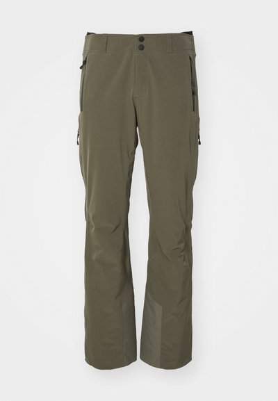 Olive green, waterproof ski pants with a straight leg design, two zippered side pockets, adjustable waistband, and reinforced lower legs.