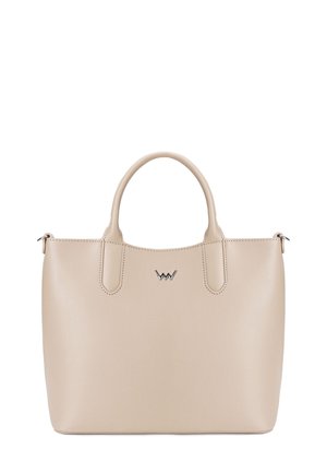 Beige synthetic handbag with two rounded handles, minimalist design, visible stitching, and a silver logo detail on the front.