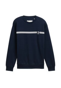 Sudadera de color azul marino con mangas largas, cuello redondo, puños acanalados, rayas horizontales blancas en el pecho y un logo en la parte frontal.
