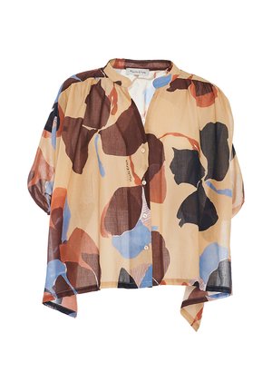 Blusa leggera e trasparente in tonalità pastello, caratterizzata da un motivo floreale con sfumature di marrone, blu e pesca. Chiusura con bottoni e vestibilità ampia.