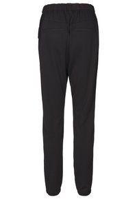 Pantalons de jogging noirs avec une taille élastique, deux poches arrière et une texture lisse, présentant un design de jambe fuselée.