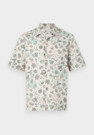 Short-sleeve button-up shirt in light fabric. Features a cream background with a printed design of various landmarks and symbols in teal and black.