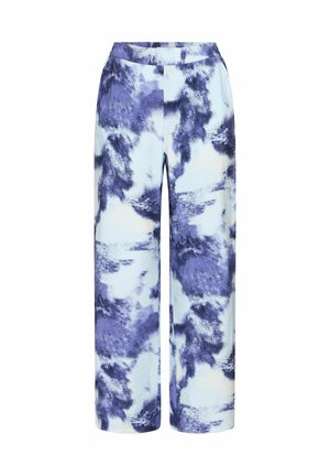 Wijdvallende broek gemaakt van zachte stof, met een blauw-wit abstract patroon, een ontspannen pasvorm en een elastische tailleband.