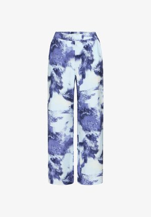 Wijdvallende broek gemaakt van zachte stof, met een blauw-wit abstract patroon, een ontspannen pasvorm en een elastische tailleband.