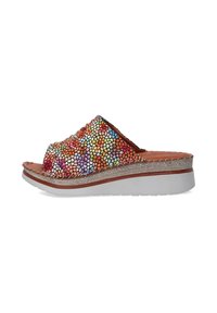 Farverige slidesandaler med en tekstureret multicolor-overdel, et beige vævet bånd og en hvid platformssål. Åben tå-design.