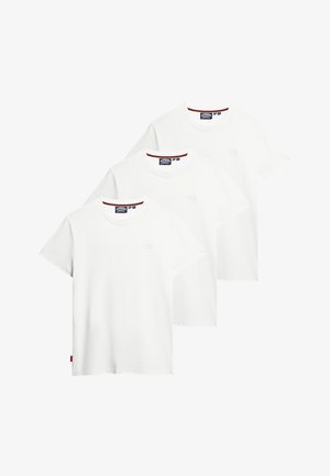 Drie witte korte-sleeve T-shirts van katoen. Heeft een ronde hals. Subtiel logo in de linkerbovenhoek. De zoom is recht.