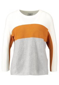 Pull à blocs de couleurs avec un col rond présentant des rayures blanches, orange et grises. Réalisé en maille texturée, manches longues.