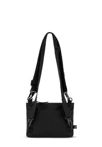 Borsa a tracolla nera realizzata in tessuto durevole, dotata di spallacci regolabili, chiusura a zip superiore e design minimalista senza motivi.