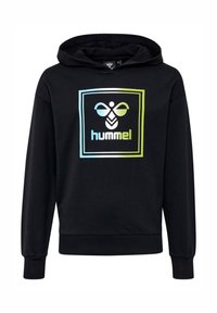 Czarna bluza z kapturem z kolorowym, geometrycznym logo Hummel z przodu, wykonana z miękkiego materiału, o luźnym kroju i ściągaczach przy rękawach.