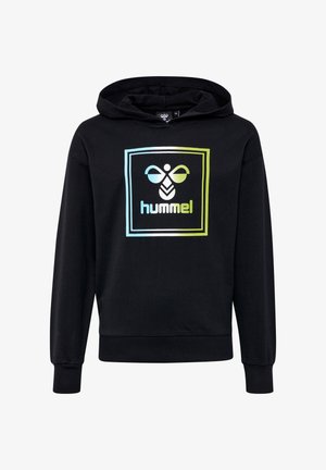 Schwarzer Kapuzenpullover mit einem bunten geometrischen Hummel-Logo auf der Vorderseite, aus weichem Stoff mit lockerer Passform und gerippten Bündchen.