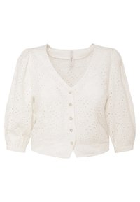 Bílý kardigan s výstřihem do V, zapínáním na knoflíky a nabíranými rukávy. Celý zdobený texturovaným vzorem s očky. Měkká látka.