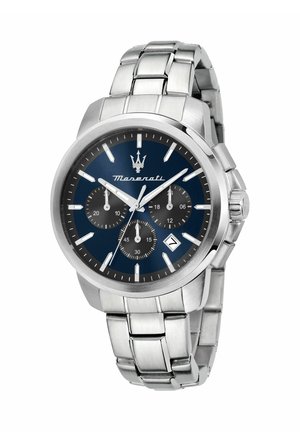 Orologio cronografo Maserati in metallo argentato con quadrante blu, tre sottoquadranti, datario alle 4 e bracciale a maglie.