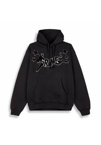 Black hoodie featuring a front kangaroo pocket, drawstring hood, and graphic design with a jumping horse and "GRIME" text in white.