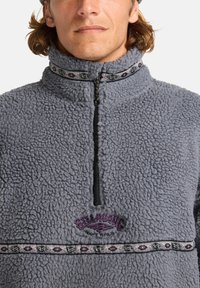 Grå fleece-pullover med høj krave, med en sort lynlås og et dekorativt mønstrede bånd nær kraven og taljen. Broderet logo på brystet.